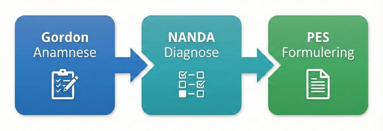 Stroomschema dat laat zien hoe Gordon-anamnese leidt tot NANDA-diagnose en PES-formulering