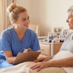 Verpleegkundige in gesprek met oudere patiënt tijdens anamnese