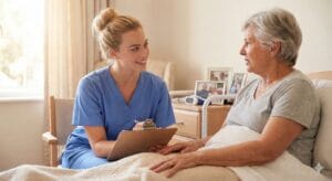 Verpleegkundige in gesprek met oudere patiënt tijdens anamnese