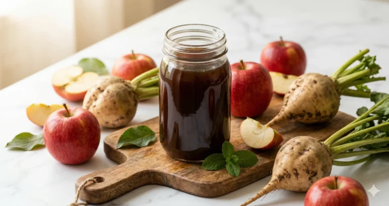 Pot appelstroop omringd door verse appels en suikerbieten op een houten snijplank
