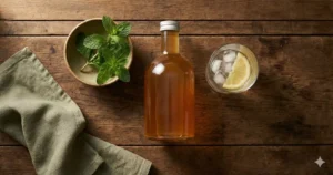 Rivella gezond - flesje Rivella met glas op tafel