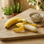 Is banaan gezond: banaan met havermout en noten op een snijplank