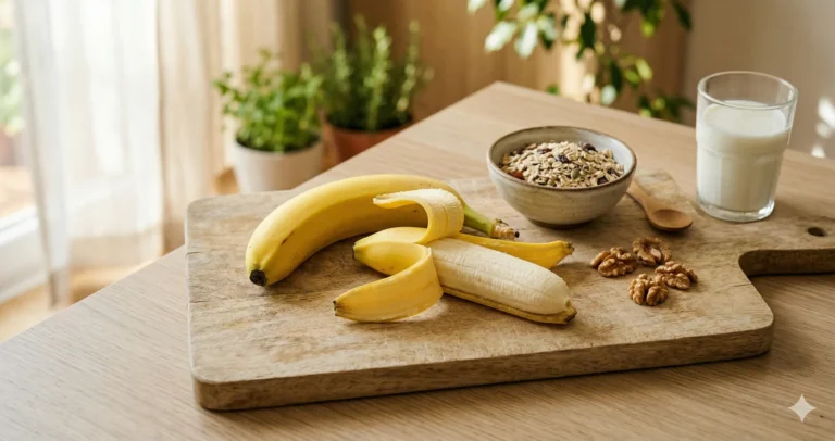 Is banaan gezond: banaan met havermout en noten op een snijplank