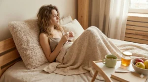 Vrouw rust uit in bed om te herstellen van griep of verkoudheid, geholpen door traditionele paardenmiddelen zoals rust, warme thee en honing.