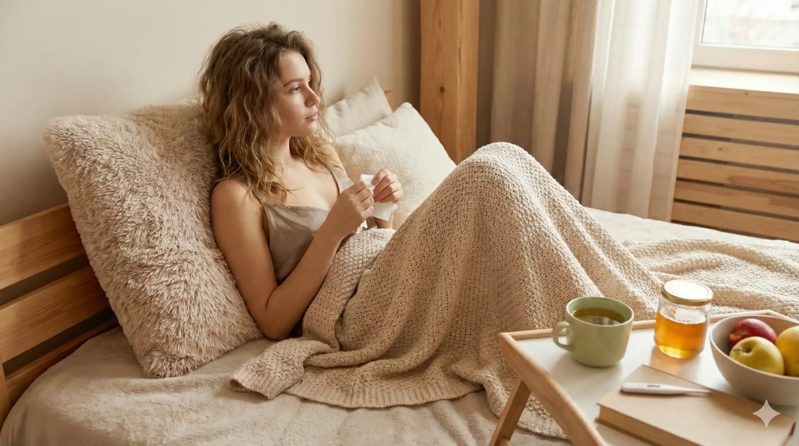 Vrouw rust uit in bed om te herstellen van griep of verkoudheid, geholpen door traditionele paardenmiddelen zoals rust, warme thee en honing.