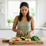 Vrouw bereidt keto dieet maaltijd met zalm, avocado en bladgroenten