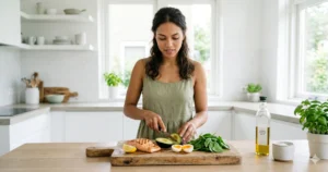 Vrouw bereidt keto dieet maaltijd met zalm, avocado en bladgroenten