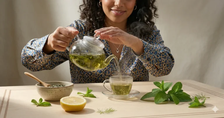 Verse muntblaadjes naast een theepot met muntthee en gedroogde pepermunt op een houten ondergrond