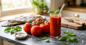 Glas tomatensap met verse tomaten en basilicum op een marmeren ondergrond