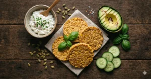 Maïswafels op een houten ondergrond met hüttenkäse, avocado, komkommer en pompoenpitten