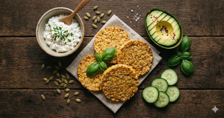 Maïswafels op een houten ondergrond met hüttenkäse, avocado, komkommer en pompoenpitten