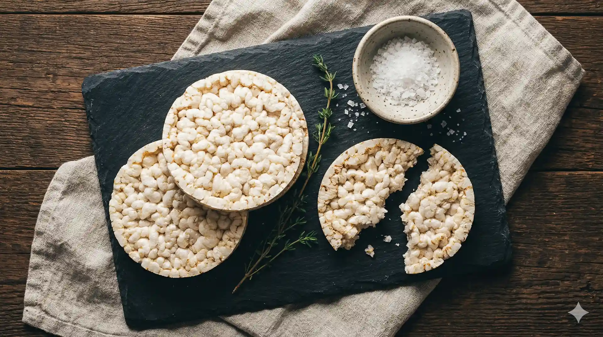 Naturel maïswafels op een donkere leisteen ondergrond met zeezout