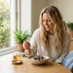 Vrouw eet kom havermout met fruit