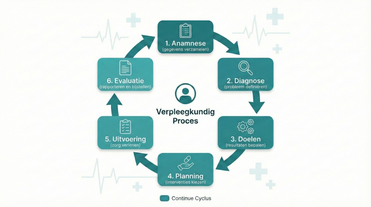 Circulair diagram met de 6 stappen van het verpleegkundig proces
