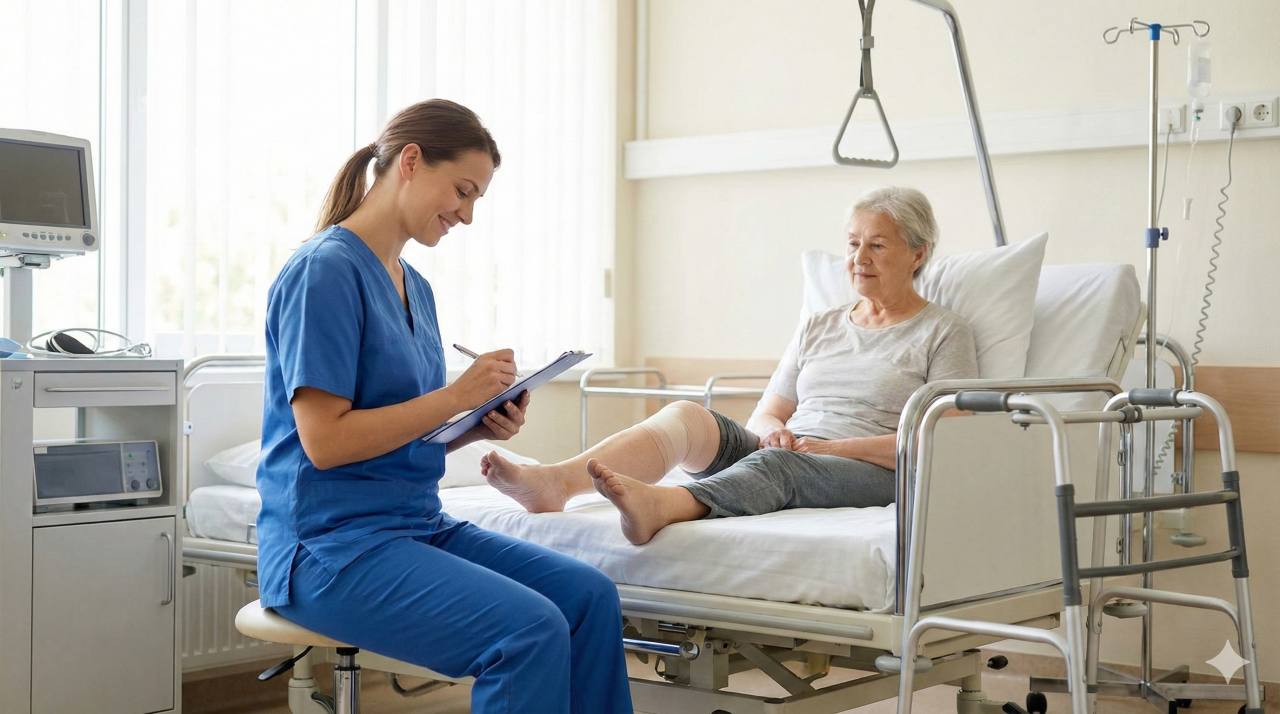 Verpleegkundige noteert observaties bij patiënt na heupoperatie