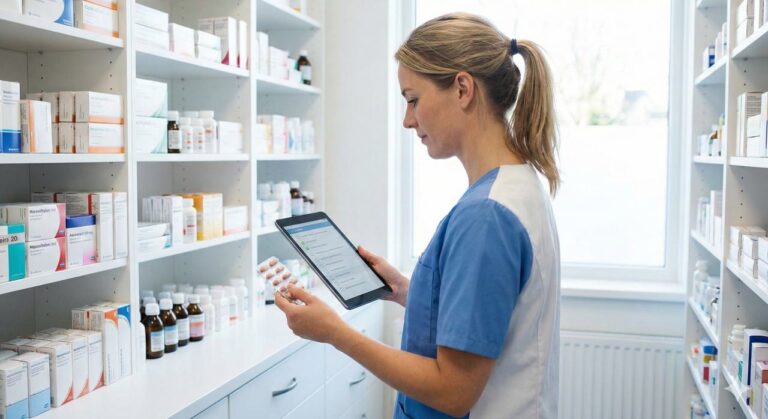 Verpleegkundige controleert medicatie aan de hand van een checklist