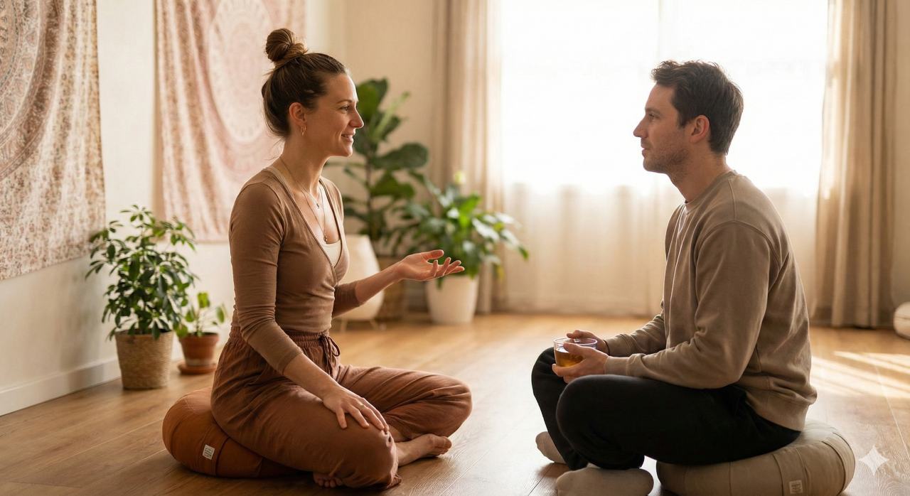 Ademcoach bespreekt gezondheid en verwachtingen met deelnemer voor een ademcirkel