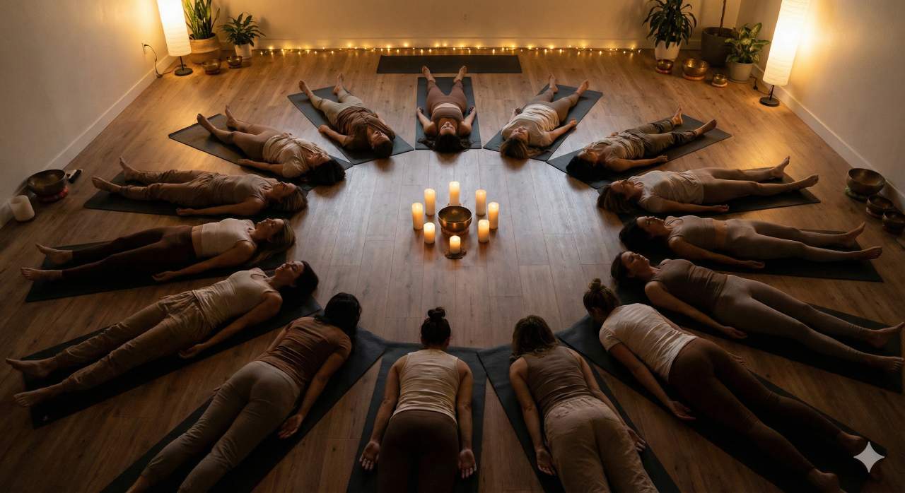 Deelnemers aan een ademcirkel liggen op matten in een cirkel tijdens een groepssessie ademwerk