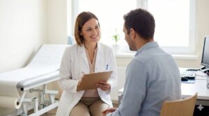 Zorgverlener neemt anamnese af bij patiënt in spreekkamer