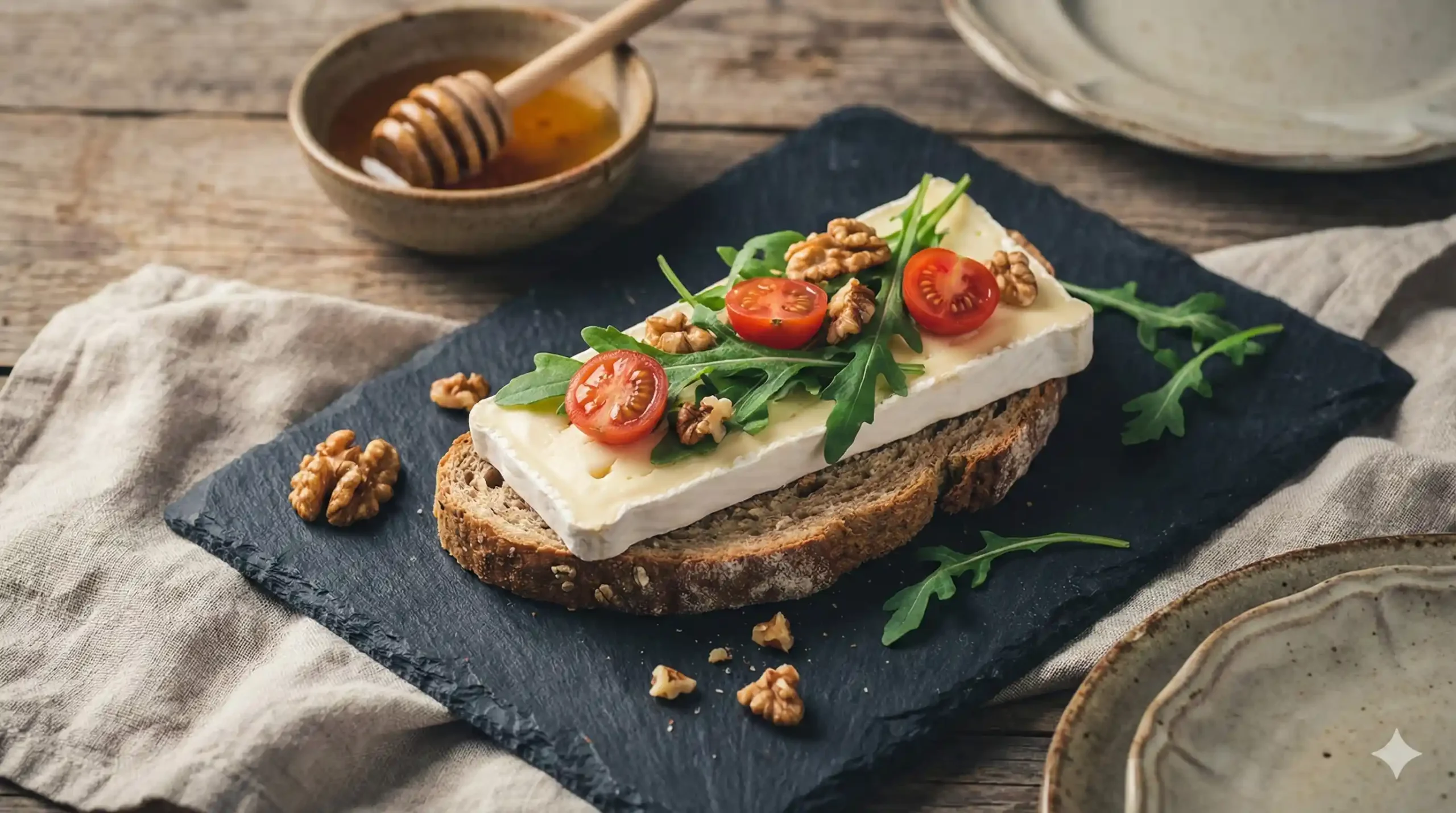 Plak brie op volkoren brood met rucola en walnoten
