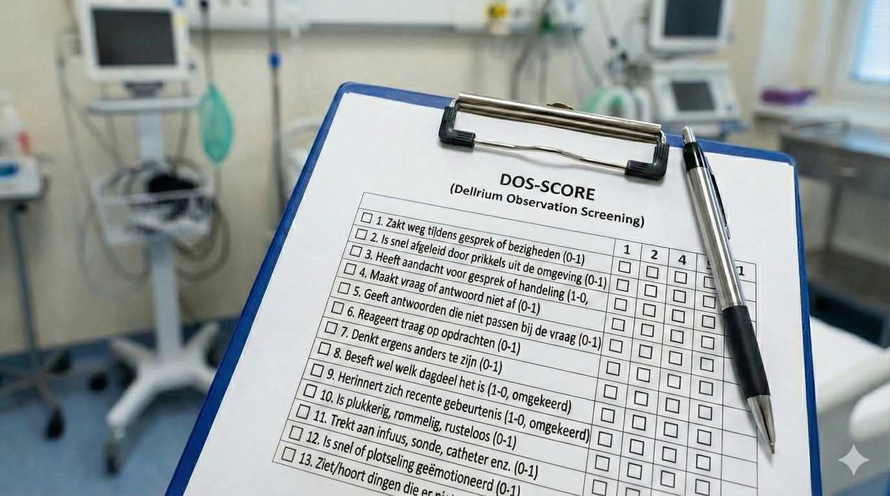 Verpleegkundige observeert oudere patiënt voor DOS score screening op delier