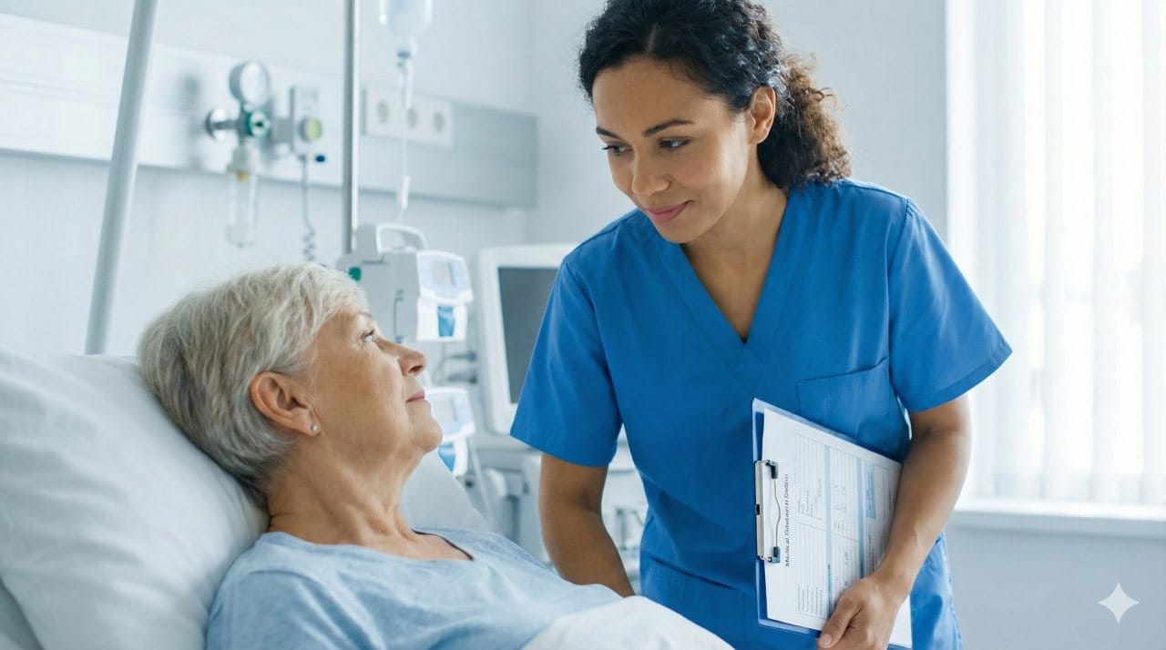 Verpleegkundige observeert oudere patiënt voor DOS score screening op delier