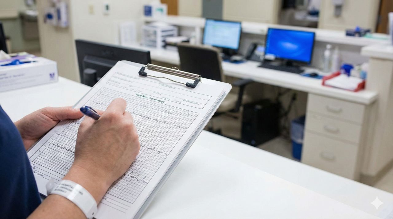 Zorgverlener noteert EWS score op medisch documentatieformulier