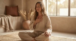 Woman sitting peacefully with eyes closed, one hand on heart, soft warm lighting, calm meditation setting, earth tones, lifestyle photography, no direct eye contact