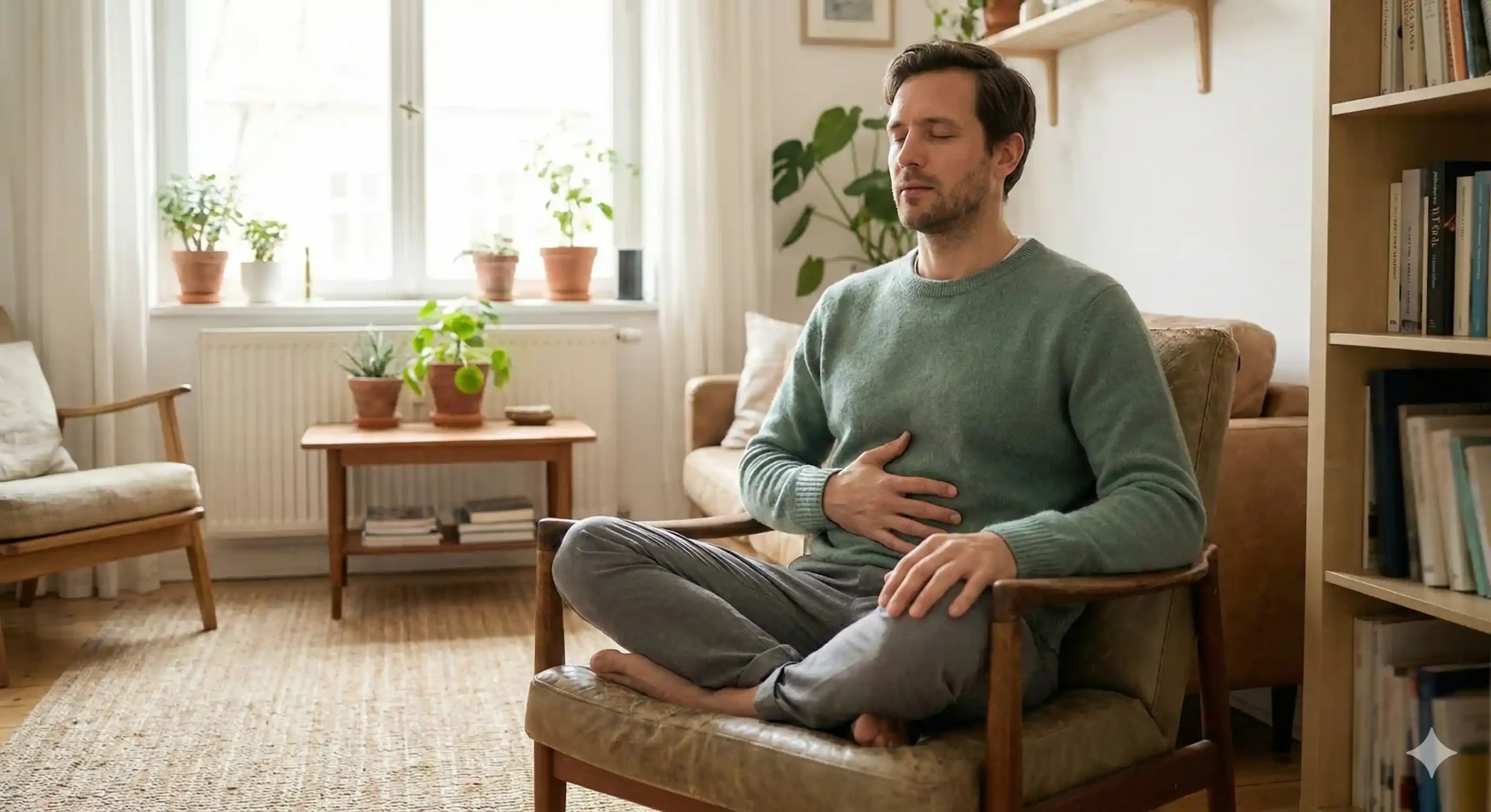 Man doet buikademhaling met hand op buik tijdens hartcoherentie oefening