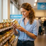 Vrouw bekijkt etiket op pot zuurkool in supermarkt voor histamine arm dieet