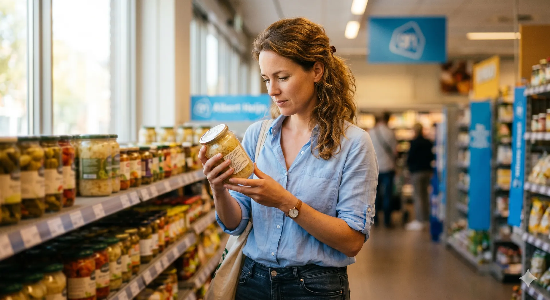 Vrouw bekijkt etiket op pot zuurkool in supermarkt voor histamine arm dieet