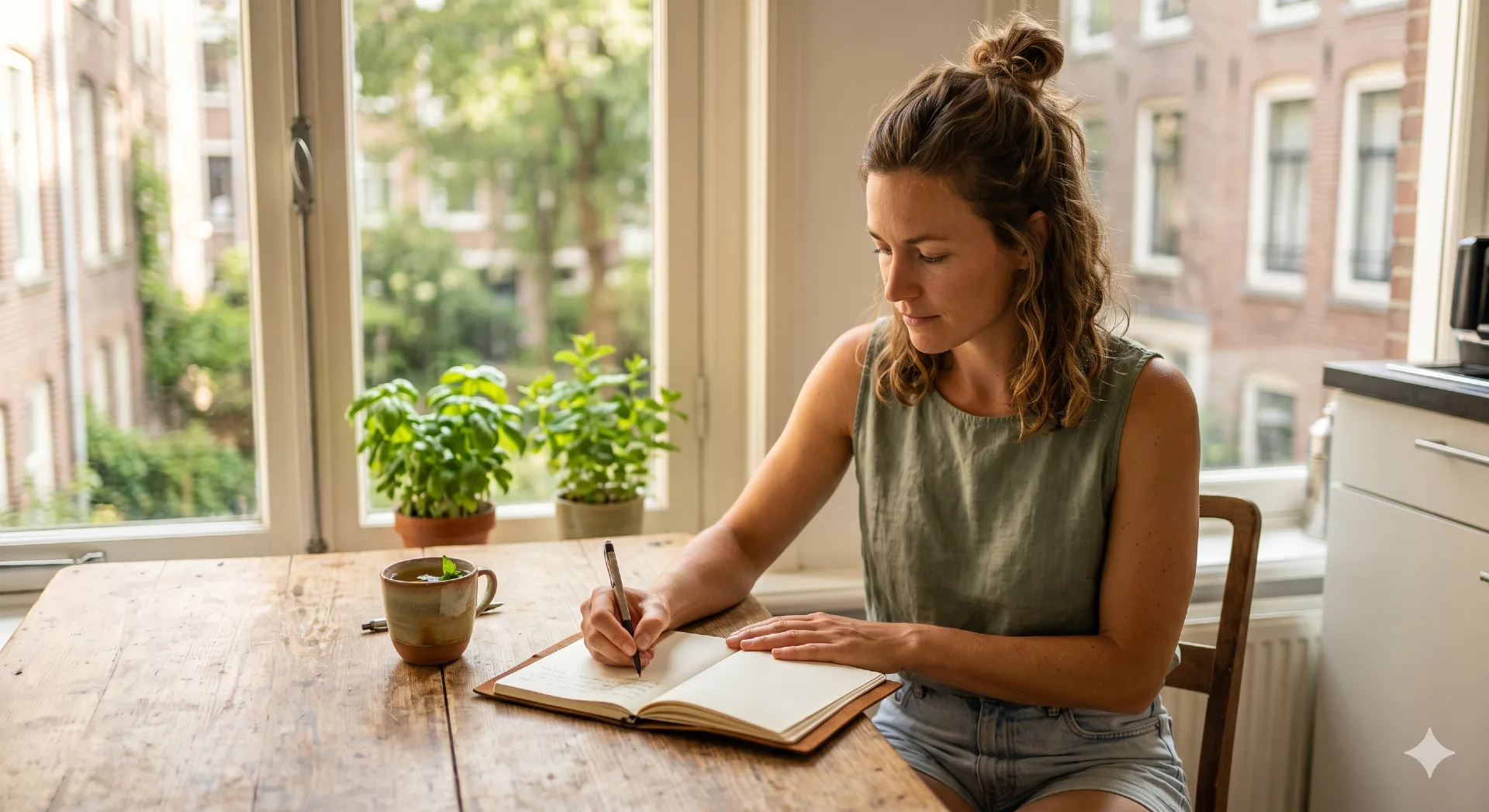 Vrouw schrijft in voedingsdagboek aan keukentafel voor histamine arm dieet
