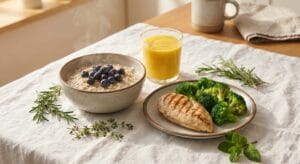 Gedekte tafel met histamine arme maaltijden: havermout met blauwe bessen, kip met groenten en een fruitsmoothie