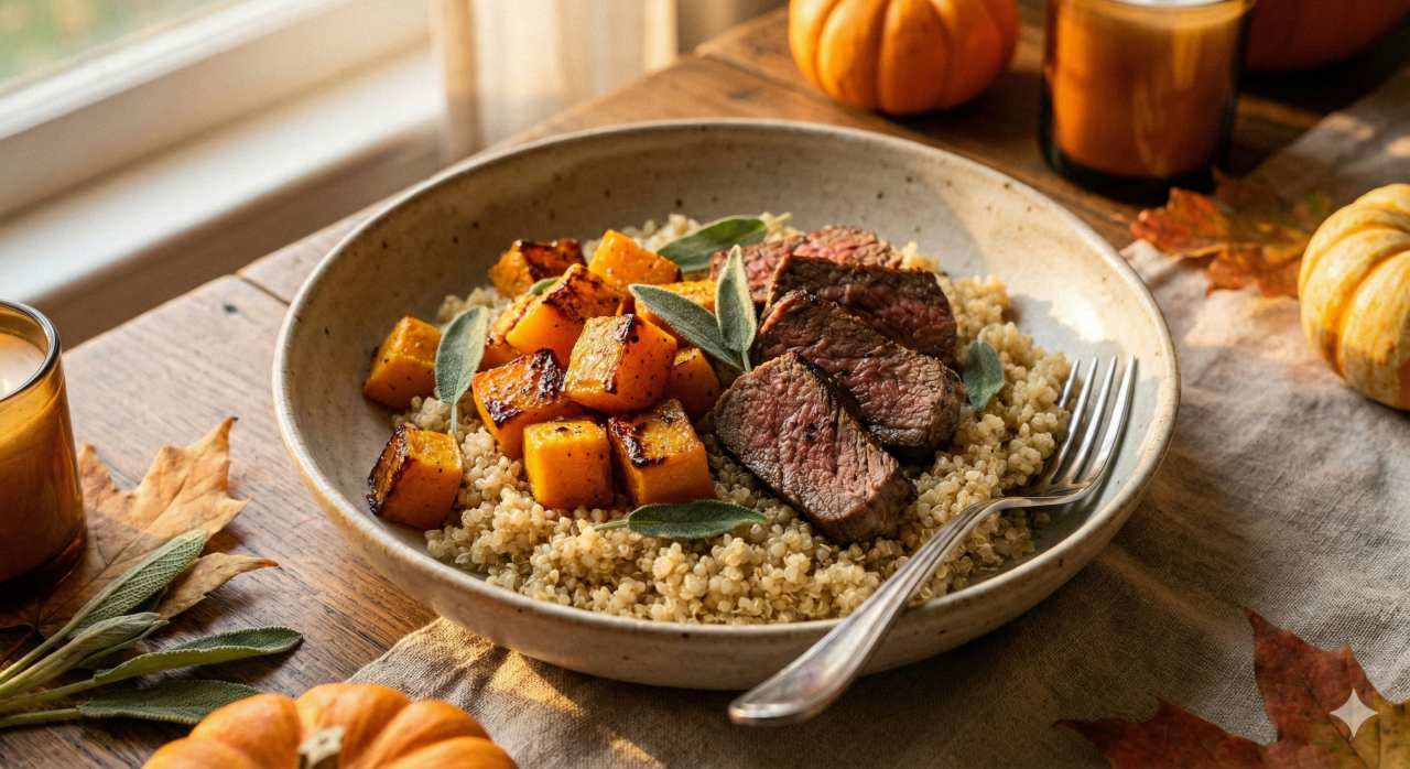 Quinoa met geroosterde pompoen en rundvlees
