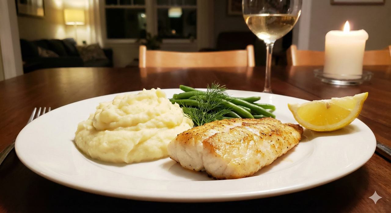 Aardappelpuree met gebakken visfilet en sperziebonen