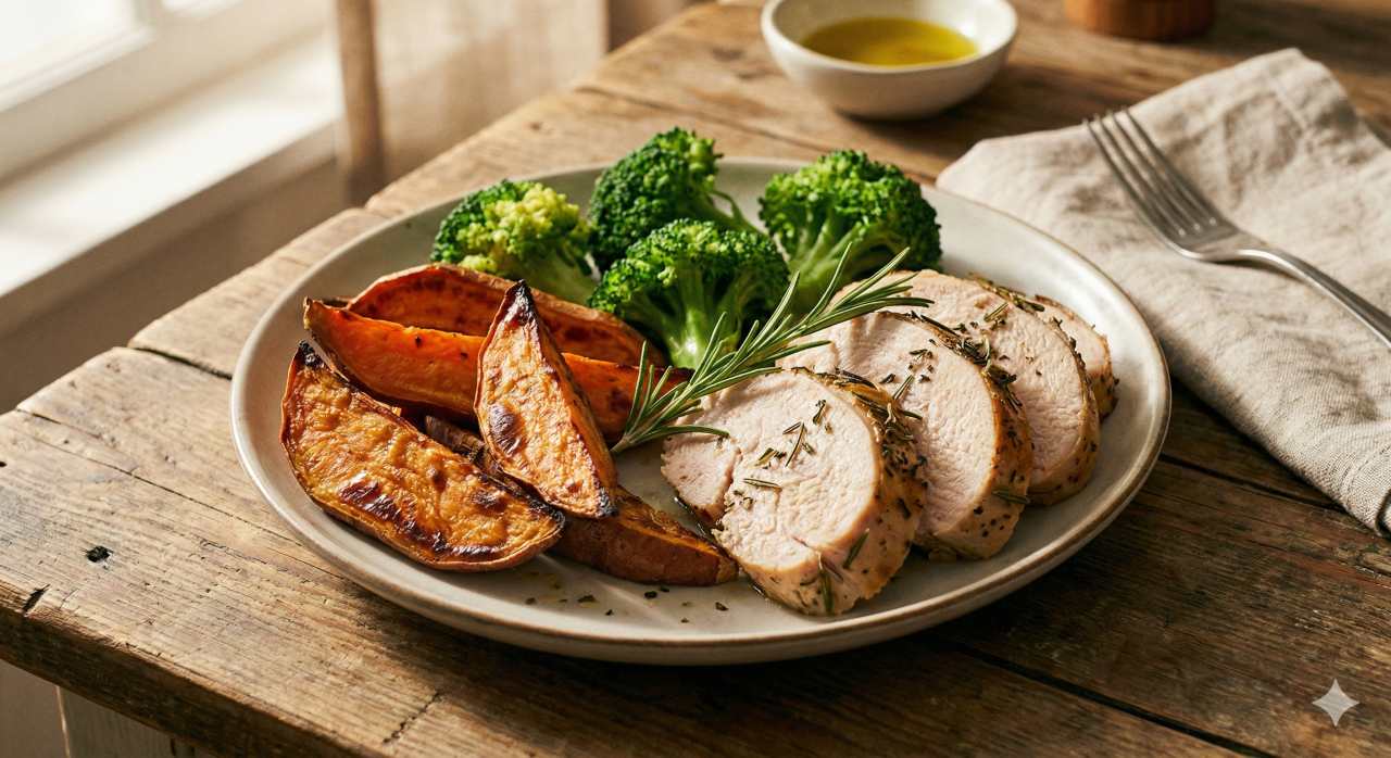 Geroosterde zoete aardappel met kalkoenfilet en broccoli