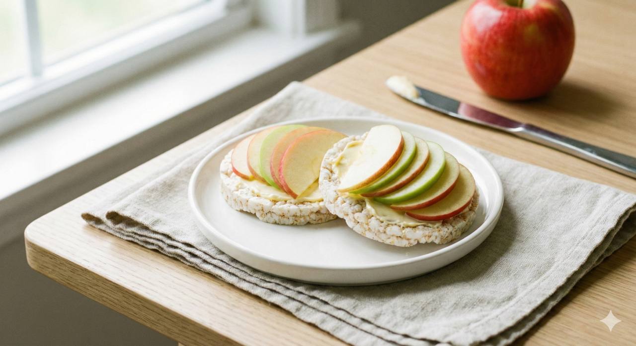 Rijstwafels met roomboter en plakjes verse appel