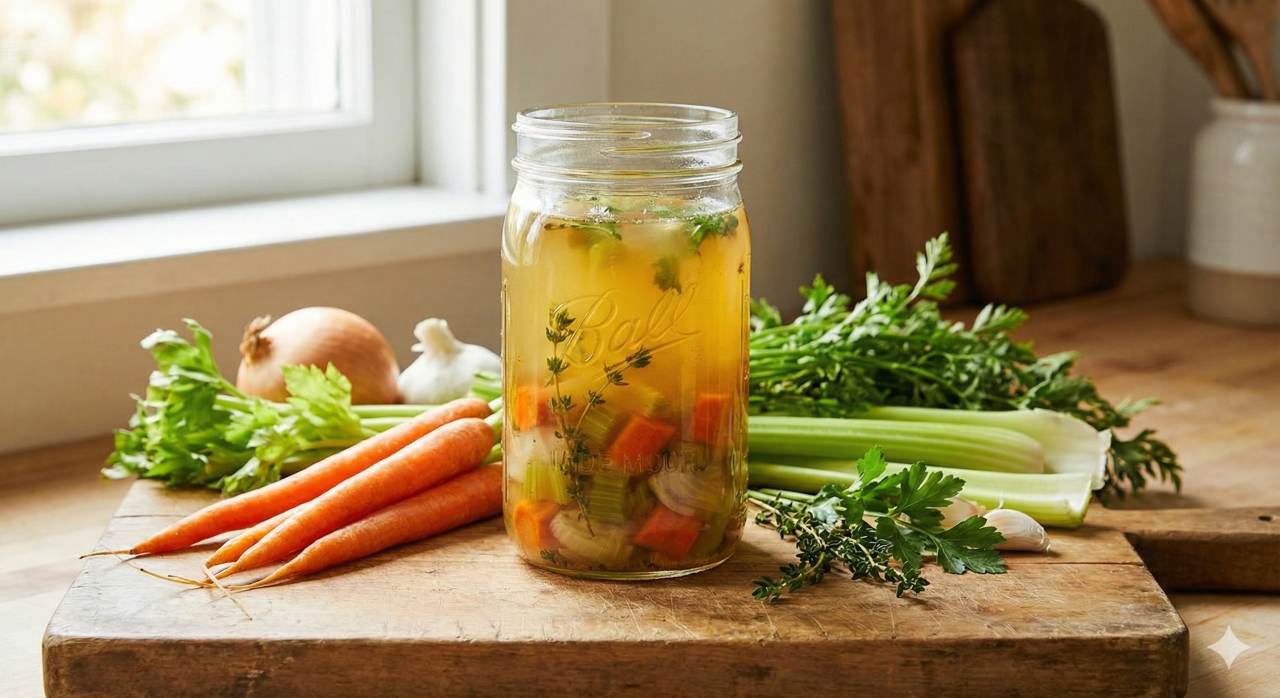 Glazen pot met zelfgemaakte groentebouillon en verse groenten