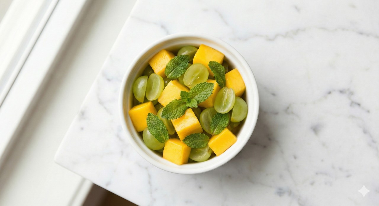 Schaaltje fruitsalade met mango en druiven gegarneerd met verse munt