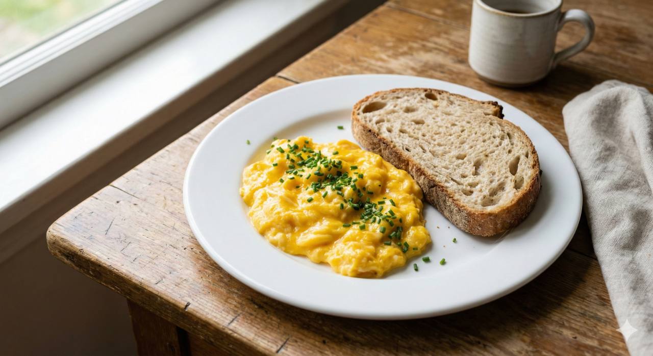 Romig roerei van eigeel bestrooid met verse bieslook