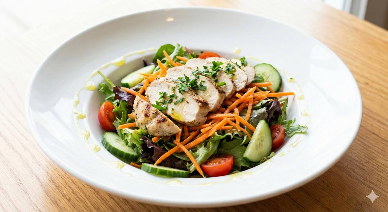 Frisse salade met gegrilde kip, geraspte wortel en komkommer