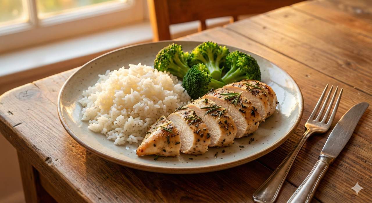 Bord met rijst, gegrilde kip en gestoomde broccoli