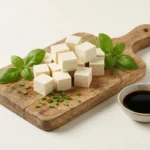 Blokjes tofu op een houten snijplank met verse kruiden en sojasaus