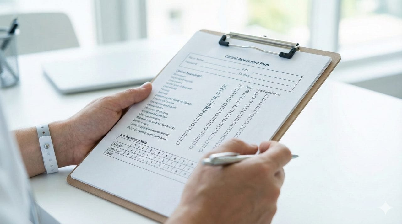 Klinimetrisch scoringsformulier met meetschaal en checkboxen