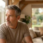 Man van middelbare leeftijd kijkt nadenkend uit het raam - de mannen overgang uitgelegd