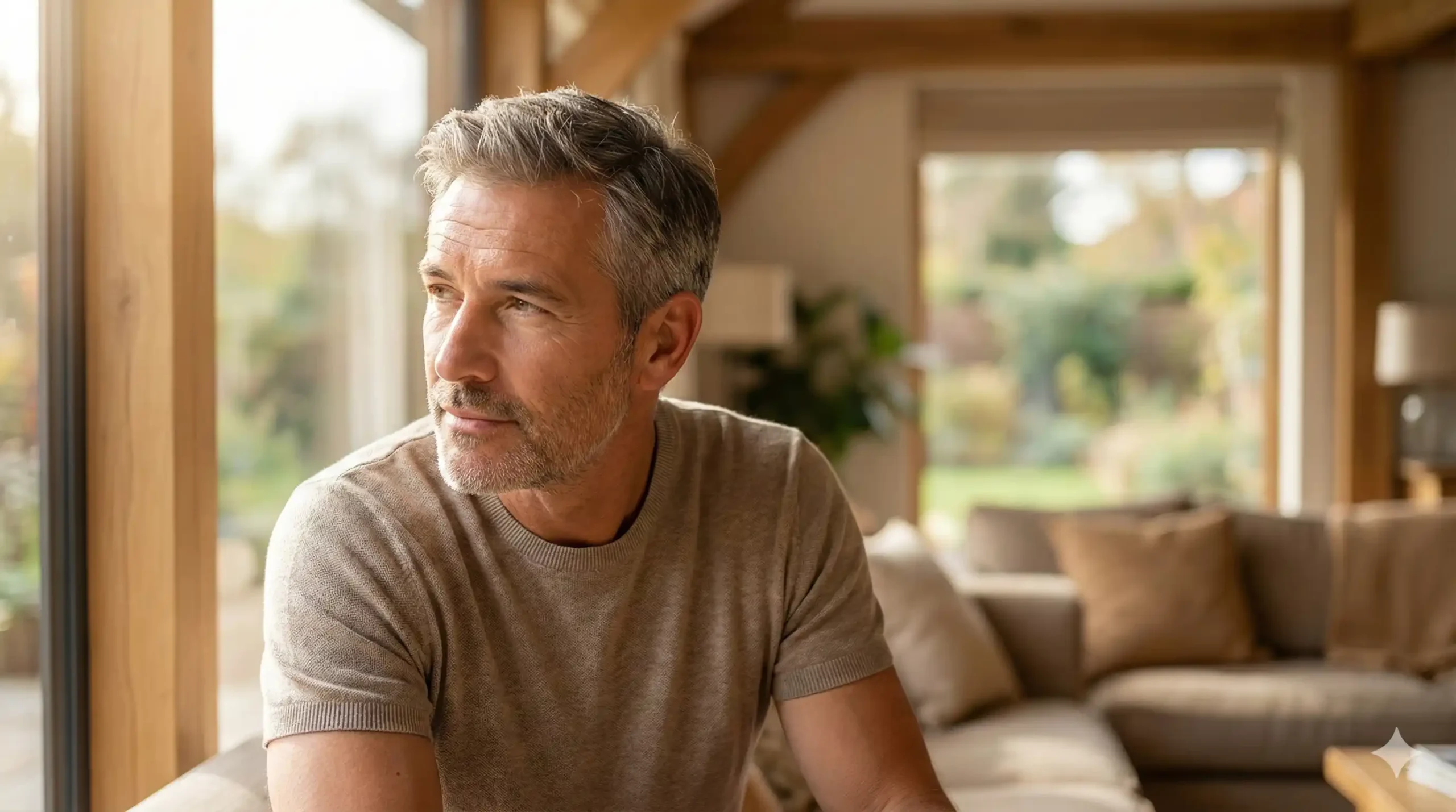 Man van middelbare leeftijd kijkt nadenkend uit het raam - de mannen overgang uitgelegd