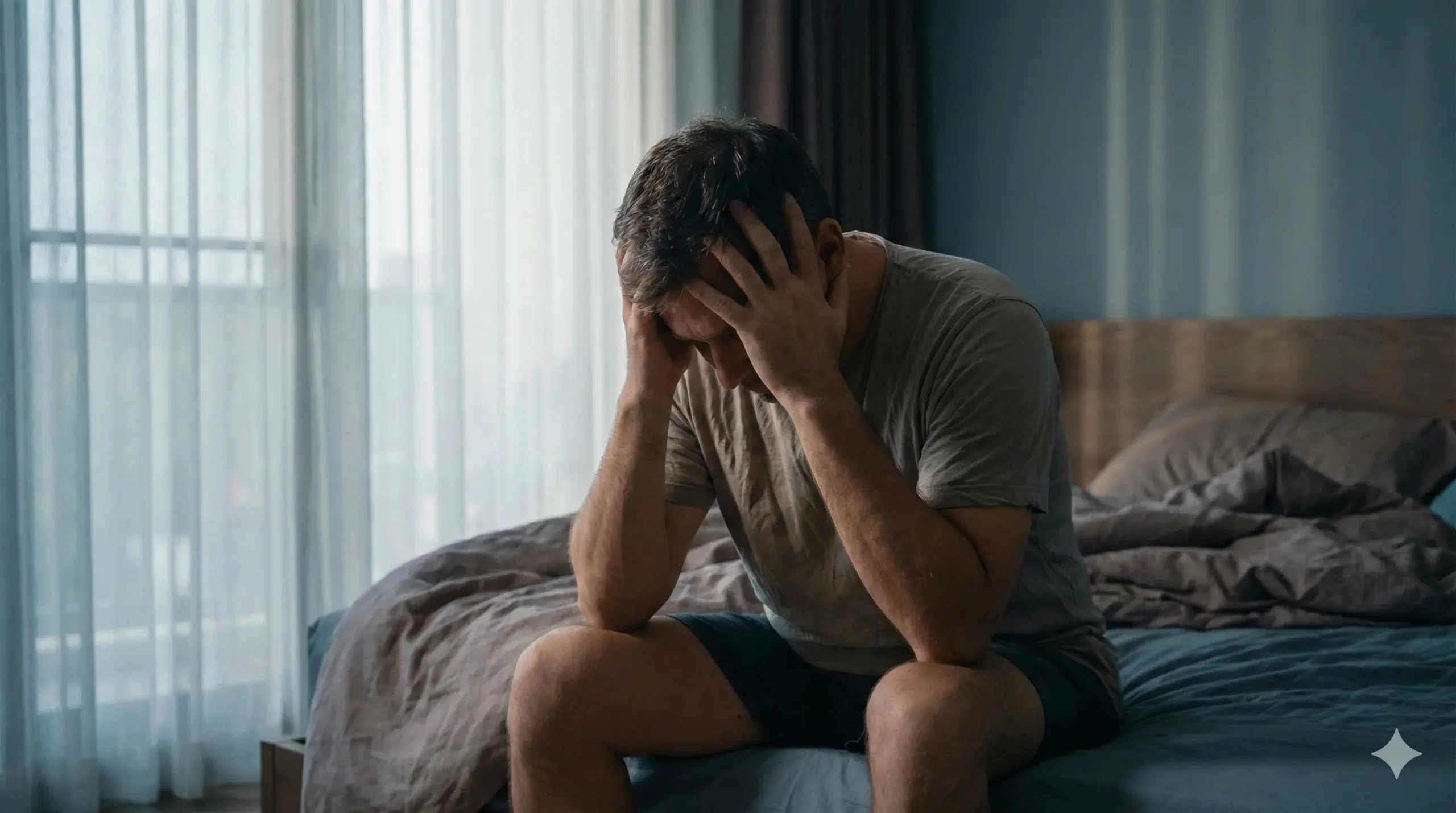 Vermoeide man zit op rand van bed - symptomen van de mannen overgang