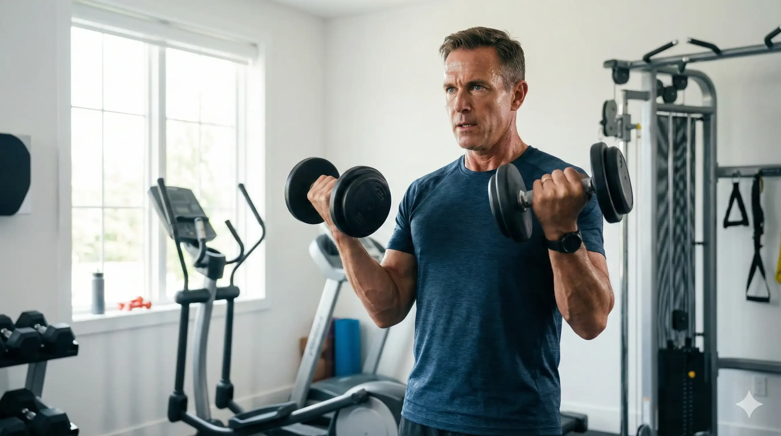 Man van 50 jaar doet krachttraining met dumbbells - testosteron verhogen met beweging