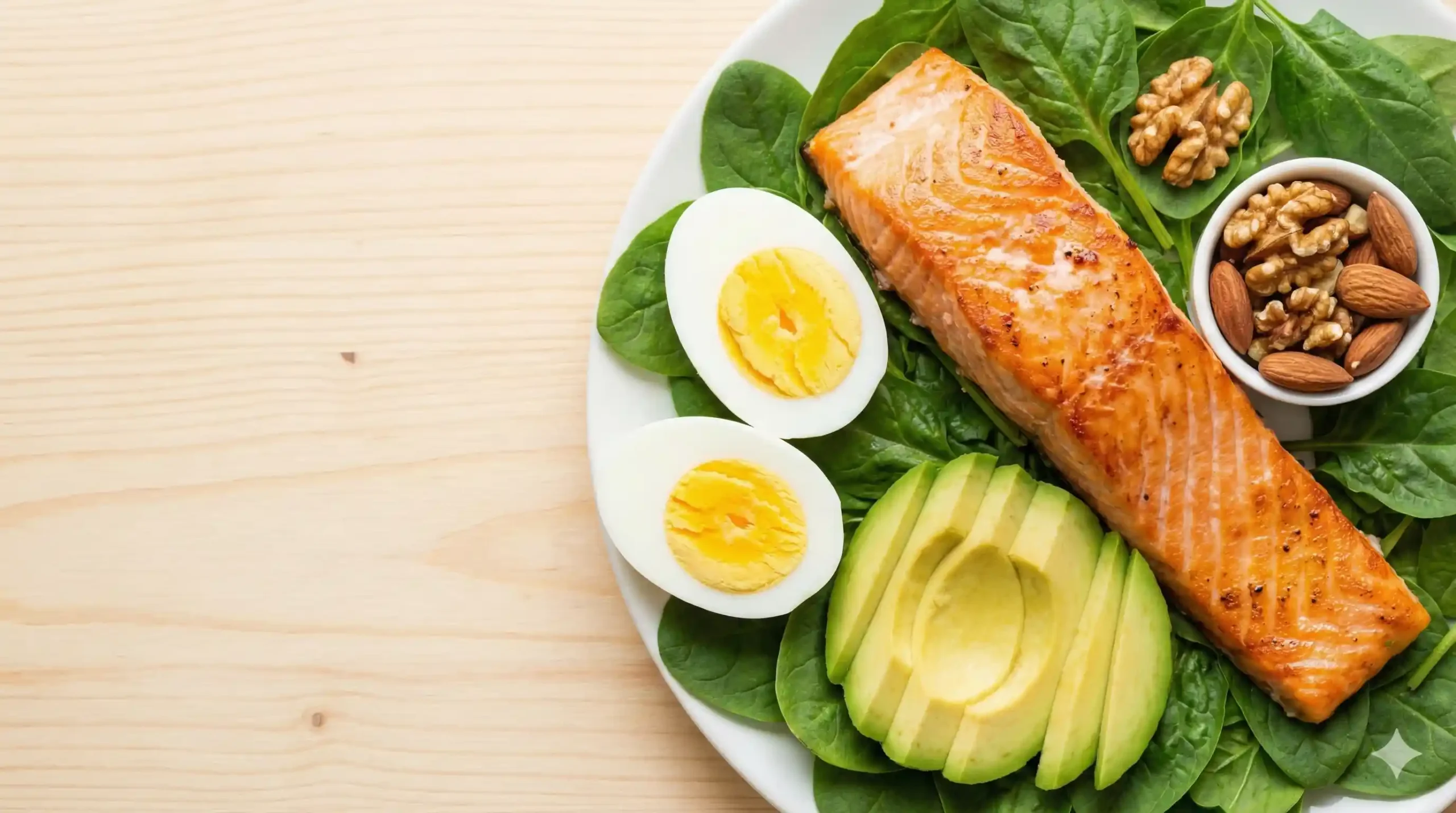 Gezonde voeding voor testosteron - zalm, eieren, avocado, noten en groene groenten