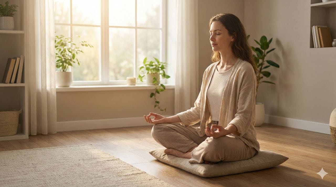 Vrouw doet nervus vagus ademhalingsoefening in rustige omgeving